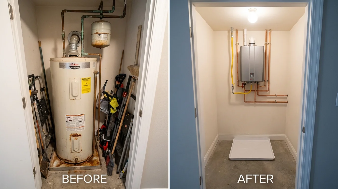 Tank water heater versus wall-mounted tankless unit comparison for Marshall, WI homeowners
