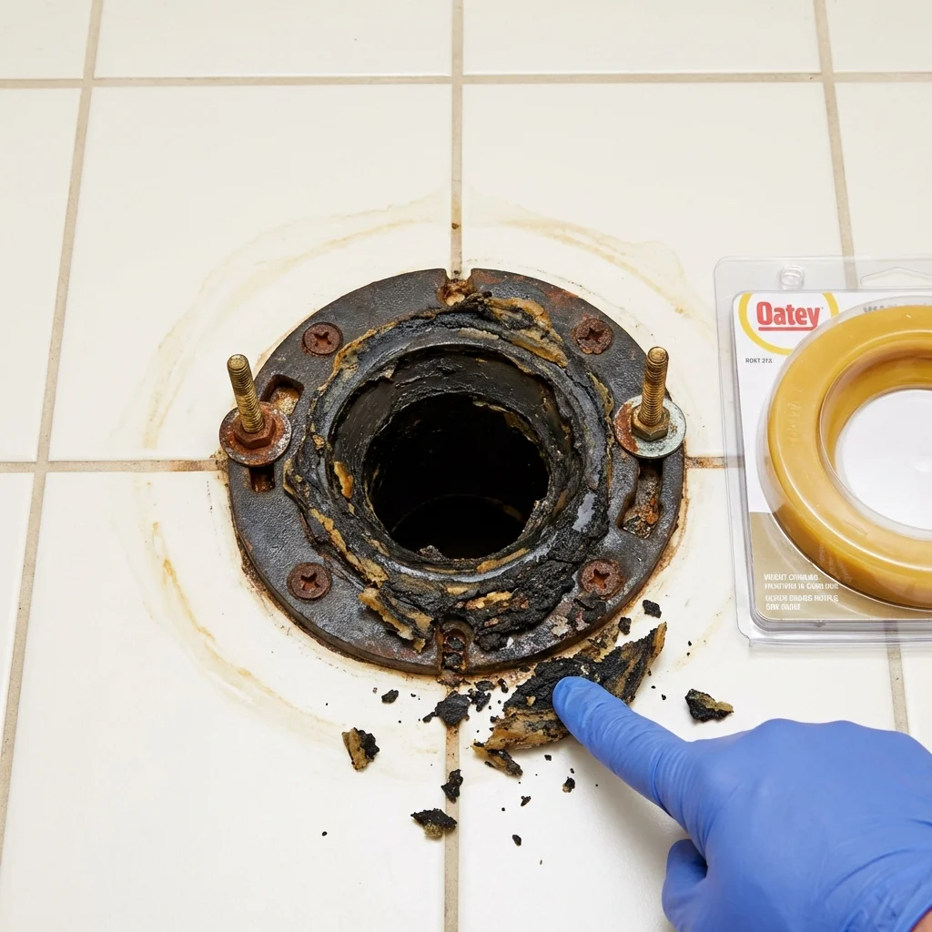 Failed wax ring showing water seepage at the base of a toilet in a Marshall, WI home