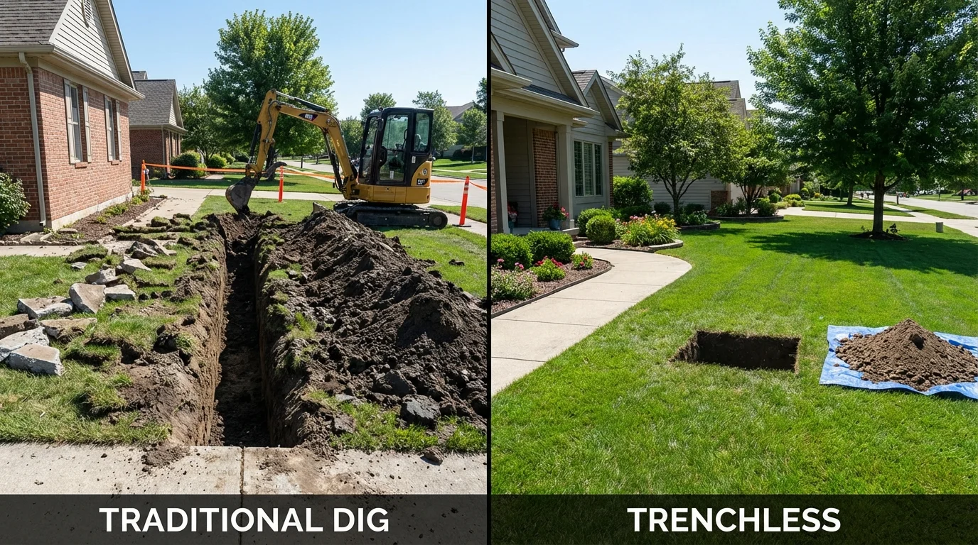 Trenchless sewer repair with minimal yard damage versus traditional excavation in Marshall, WI